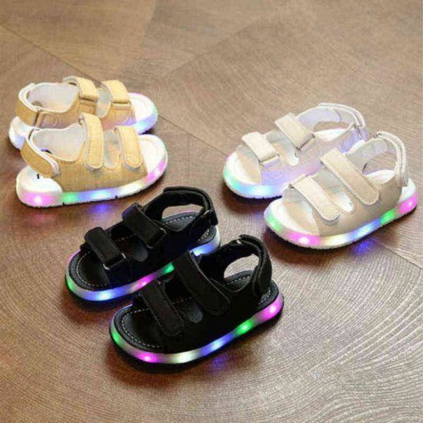 Neue Sommer Kind Led Glowing Licht Sandalen Junge Mädchen Sport Casual Licht Schuhe Kinder Baby Flache Schuhe Neugeborenen Strand Leder sandale G220523