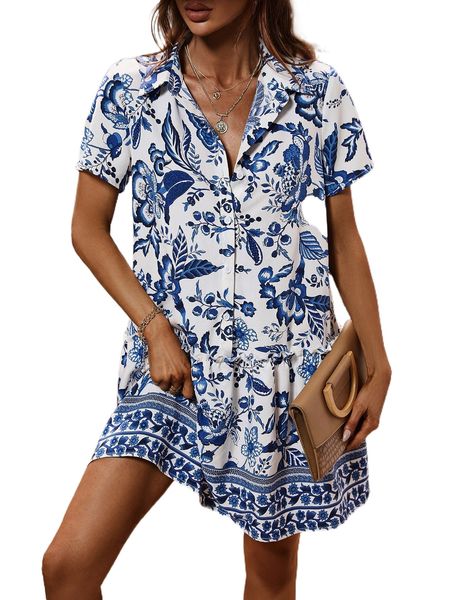 

floral print ruffle hem shirt dress h02h#, Black;gray