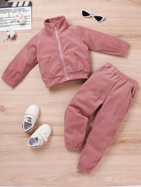 

toddler girls kangaroo pocket zip up corduroy sweatshirt & sweatpants she, White