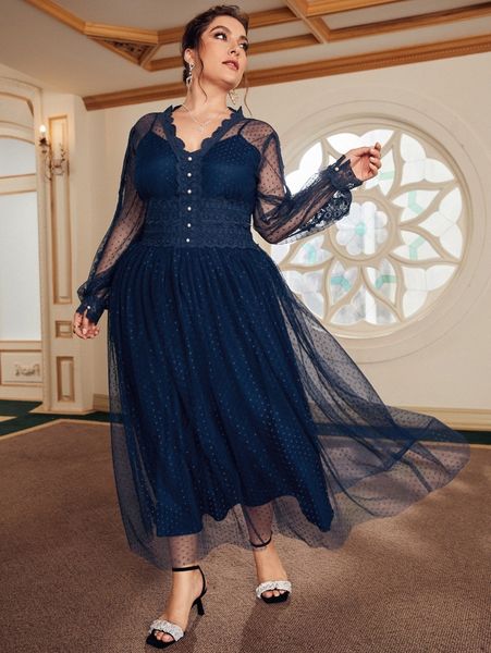 

plus contrast lace single breasted bishop sleeve mesh dress i0jk#, Black