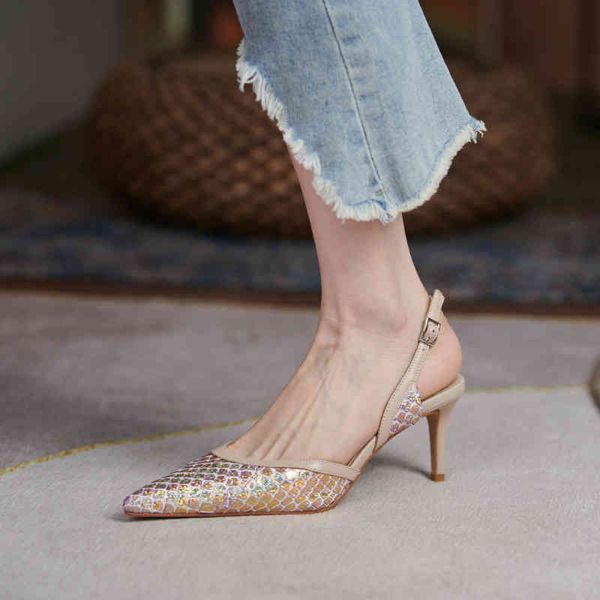 

sandals french one-line buckle belt thin heel pointed shallow mouth high-heeled single shoes hollow baotou women's sandals in summer ai, Black