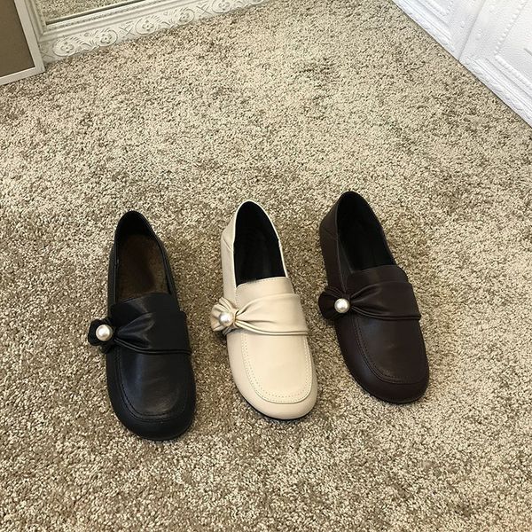 

pantofel kulit mutiara elegan chic sepatu oxford ujung bundar dangkal fashion wanita sepatu sandal klasik sepatu flat kantor wanita desainer, Black