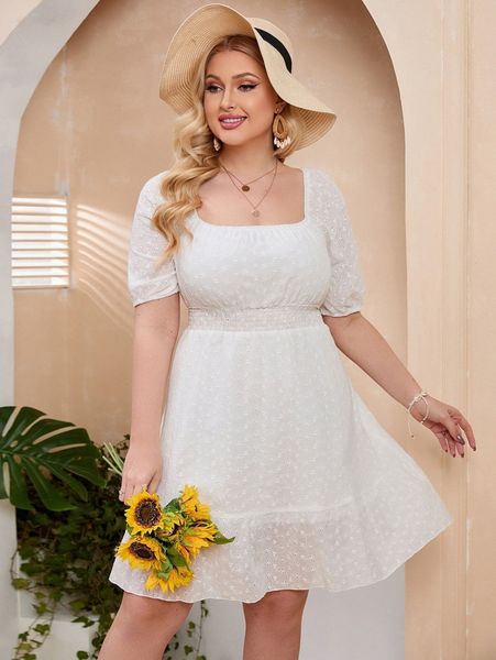 

plus schiffy shirred waist puff sleeve dress 59yn#, Black