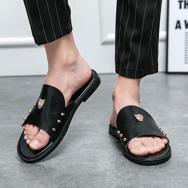 

mens slippers ace designer slides metal button vintage flat genuine leather beach rivet stud shoes black sandals luxury brand flip flop slid