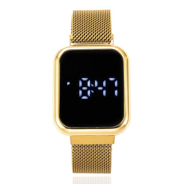 Avanços de pulso Milanês Aço inoxidável Banda de relógio LED LUZURO DIGITAL SPORT Sport Watch Unissex Magnetic Buckle Women's Welkes Watchwatch Watch