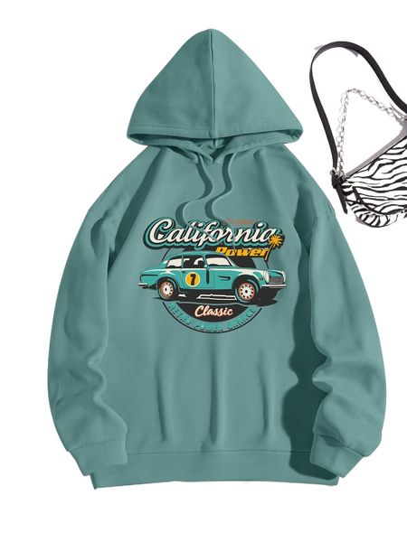 

car and letter graphic drawstring thermal hoodie b3td#, Black