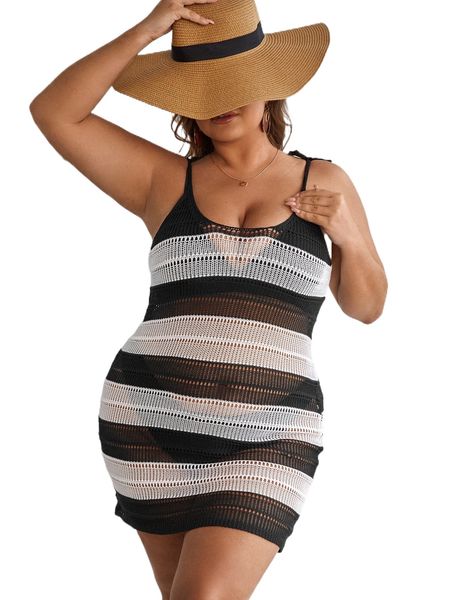 

plus two tone tie shoulder cover up dress without bikini s3cp#, Black