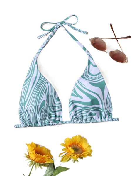 

plus marble print triangle halter bikini l2pk#, Black