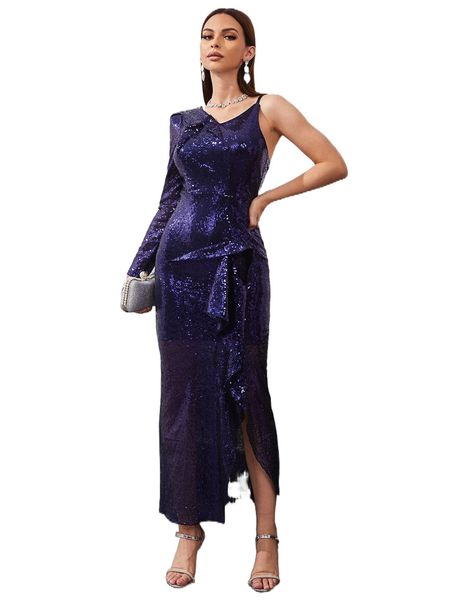 

asymmetrical shoulder draped split thigh sequin bridesmaid dress f1mq#, Black;gray