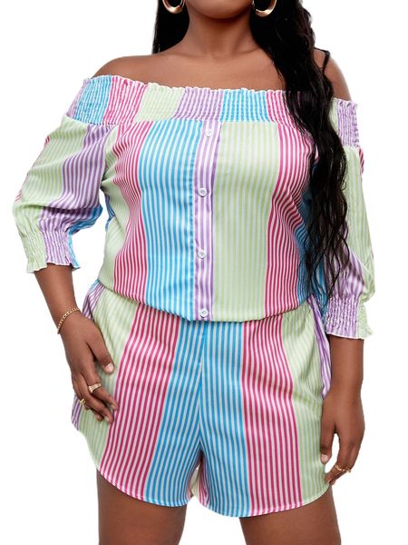 

plus colorful striped shirred fake button off shoulder & shorts t4oj#, Black