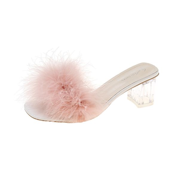 

women's summer leisure feather fluffy slippers flat non-slip solid color sandals woman, Black