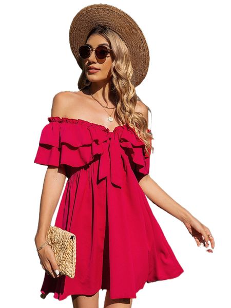 

off shoulder frill knot front tiered layer dress x2om#, Black;gray