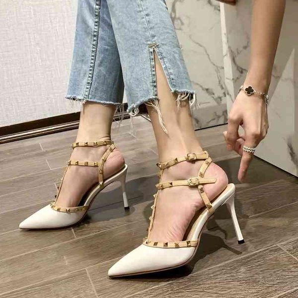 

slippers spring and summer style buckle rivet french high heels v home pointed liuding sandals thin heel white single shoes 9lh2, Black