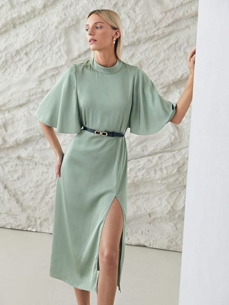 

motf premium mock neck slit dress without belt 20uy#, Black;gray