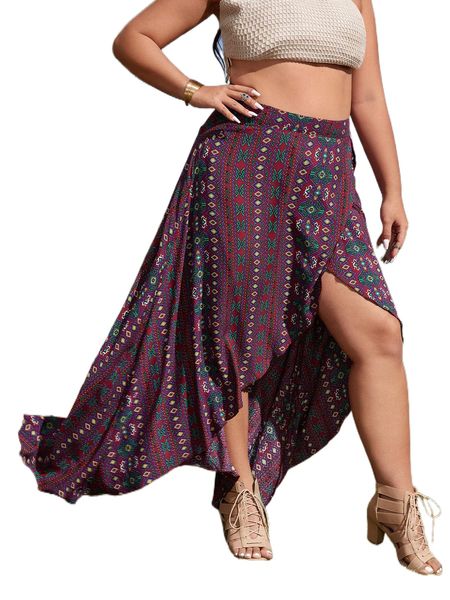 

plus geo print wrap tie side skirt d6rb#, Black