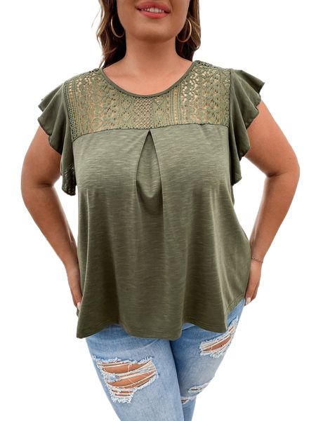 

plus lace panel fold pleated detail butterfly sleeve tee w4p8#, Black