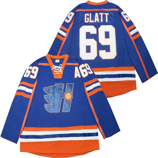 Filme The Thug GOON Halifax Highlanders Hockey Jerseys 69 Doug Glatt College Cor respirável azul para fãs do esporte Bordado e costura universitária respirável