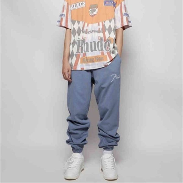 

rhude embroidered pants slogan vintage drawstring loop guard trousers apricot light blue grey black pants s-xl