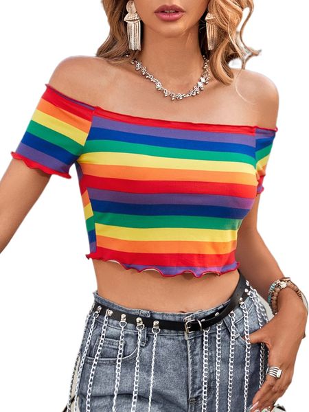 

rainbow striped lettuce trim off shoulder tee h2ii#, White
