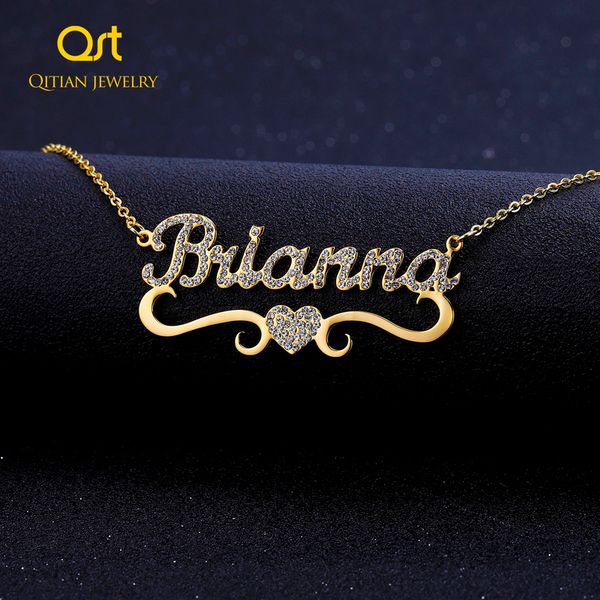 

heart with personalized name necklace for women custom gold stainless steel blingbling pendant personalise iced out necklace 220722, Silver
