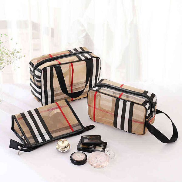 

makeup bags mesh lattice stripe portable cosmetic bag two layer color contrast pvc mesh waterproof wash bag bath fitness storage 220713