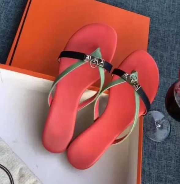 

fashion women slipper beach sandals slides studs kelly buckles flip flat men's slide non-slip outdoor lady slippers flip flops with box, Black