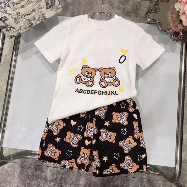 

child designer clothe sets childrens kids short sleeve t-shirt with letters two bears print shorts set suit brand boys clothing cotton tees, White