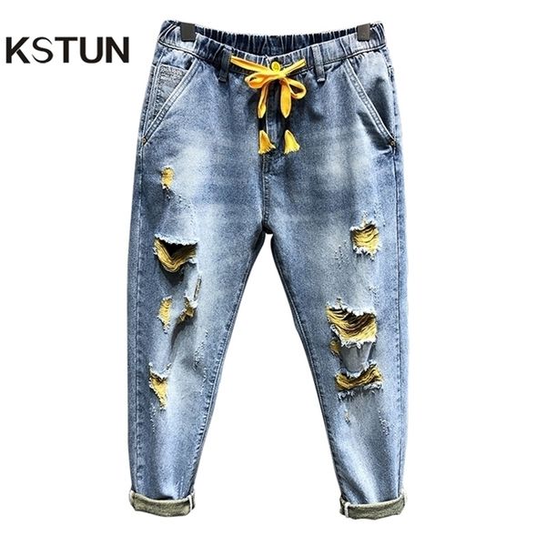 

mens ripped jeans light blue 100% cotton distressed broken hole streetwear cropped pants denim jeans elastic waist and baggy leg 210318