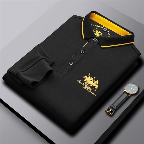 

caesars men's fall spot cotton embroidered solid color long sleeve fitted fashion business men's polo shirt - 220421, White;black