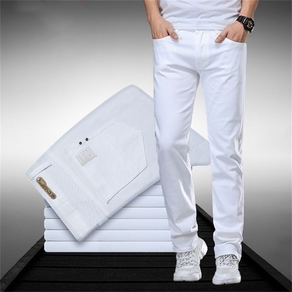 

classic style men's regular fit white jeans business smart fashion denim advanced stretch cotton trousers male brand pants,109 220425, Blue