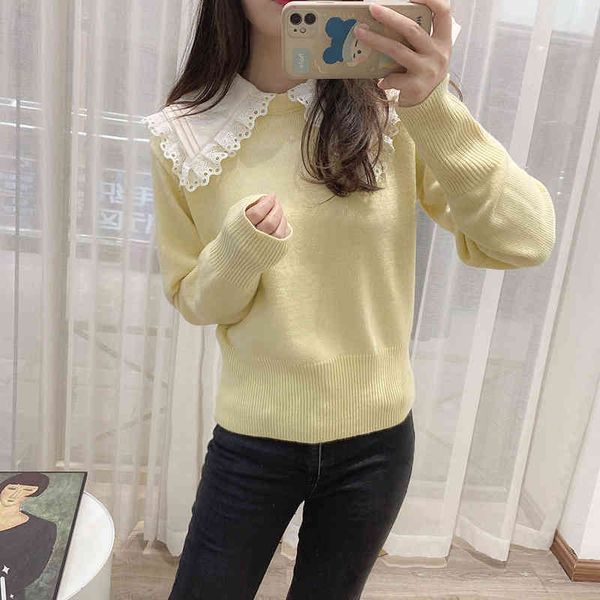 

women's knits & tees fadan s family 21 french sweet aging embroidery detachable baby collar yellow wool sweater top, White