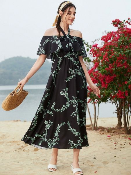 

plants print ruffle trim dress h7i6#, Black;gray