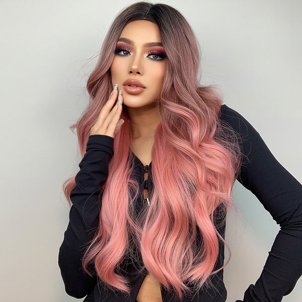 

long ombre pink synthetic wigs for women middle part wavy cosplay hair wigs, Black