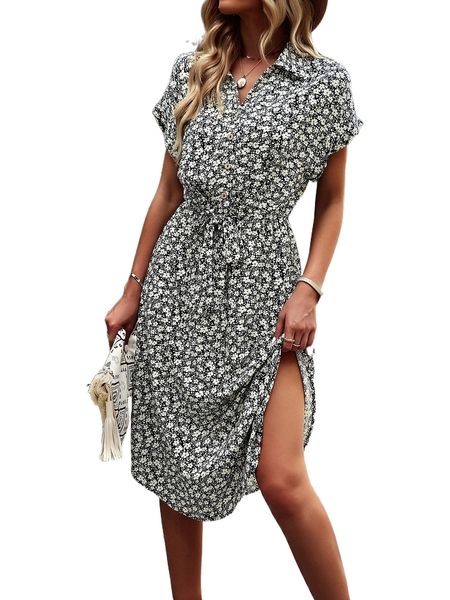 

ditsy floral batwing sleeve belted shirt dress p86n#, Black;gray