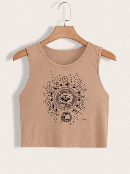 

plus eye & moon print tank g8fm#, Black