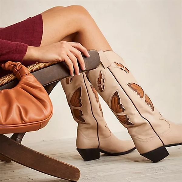 

womens cowboy cowgirl mid calf boots butterfly embroidered pointed toe stacked heel autumn winter slip on shoes brand design 220813, Black