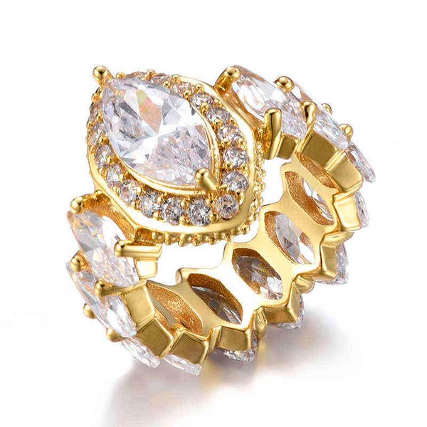 

cluster rings big horse eye rings for men women trendy bling iced out copper zircon ring gold silver color hip hop rock jewelry gift 220422, Golden;silver