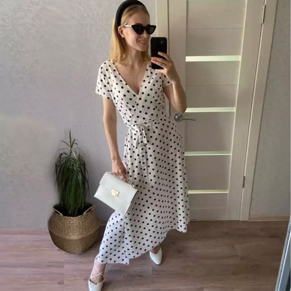 

fashion summer womens dress boho holiday polka dot maxi vneck long shirt dress short sleeve red fashion long dress y200828, Black;gray