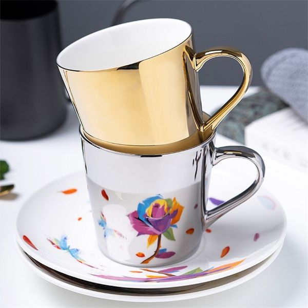 Licht Luxus Europäischen Neue Design Gold Und Silber Becher Keramik Kaffeetasse Tee Milch Tasse Und Löffel Spiegel Tasse Porzellan als Geschenk Bar T200506