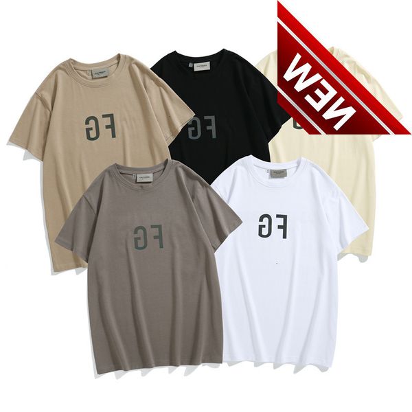 

summer fog short sleeve t-shirt men's and women's fashion brand high street essentials round neck loose half colorful reflection, White;black