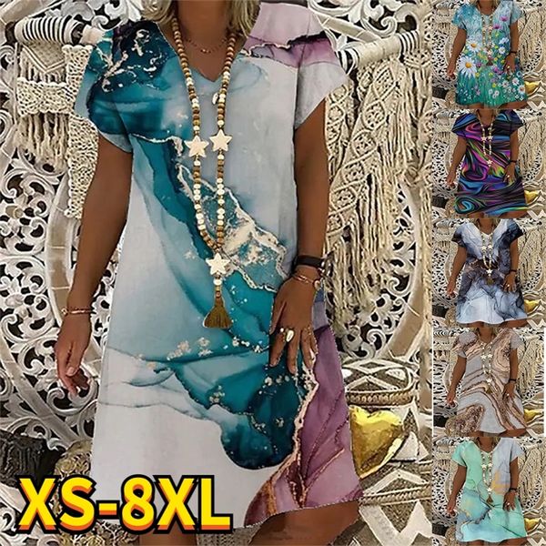 Vestidos de pintura impressos abstratos para mulheres de verão V Vestidos femininos femininos elegantes e elegantes azul verde mais tamanho do joelho 220527
