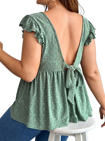 

plus contrast lace tie back eyelet embroidery tee i4of#, Black