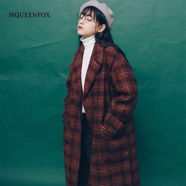 

women's wool plaid coat autumn winter vintage warm wool jackets female oversized loose long woolen coat t200315, Black