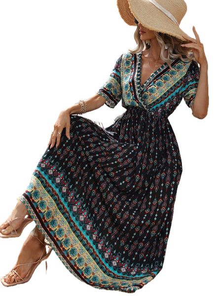 

geo & floral print surplice neck dress r26x#, Black;gray