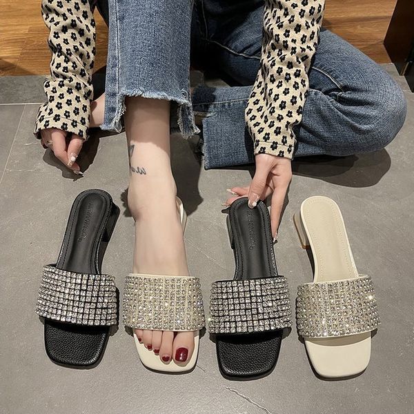 

slippers women wear out in summer 2022 new fashion versatile mesh red rhinestone thick heel flip flops middle sandals, Black
