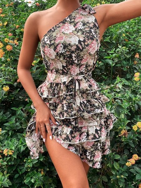 

random floral print one shoulder layered hem belted dress x0la#, Black;gray