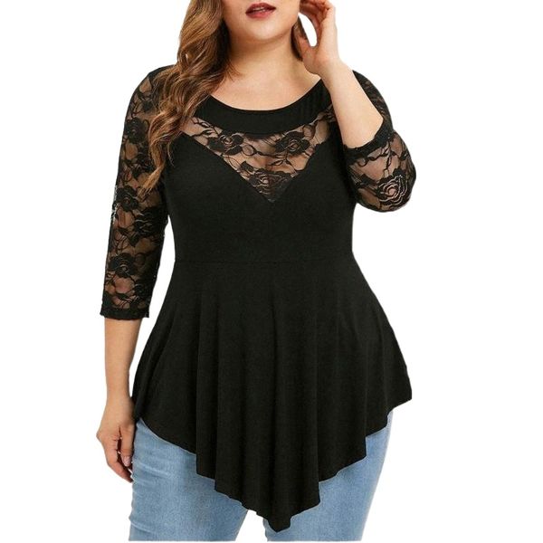 

women's blouses & shirts perspective women plus size blouse solid floral lace asymmetric three quarter 5xl feminino p45f#, White