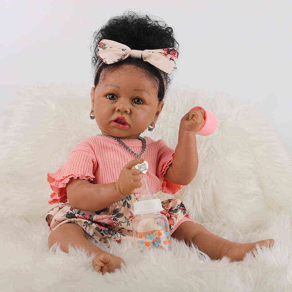 

58cm reborn toddler saskia in dark brown skin color soft body african american cuddly princess baby girl doll hand-rooted hair aa220325