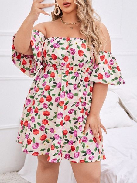 

plus allover floral print off shoulder flounce sleeve dress t6km#, Black