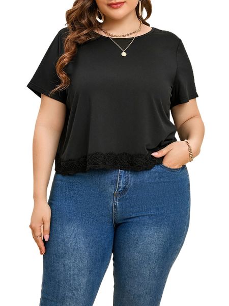 

plus contrast guipure lace open back tee s79f#, Black